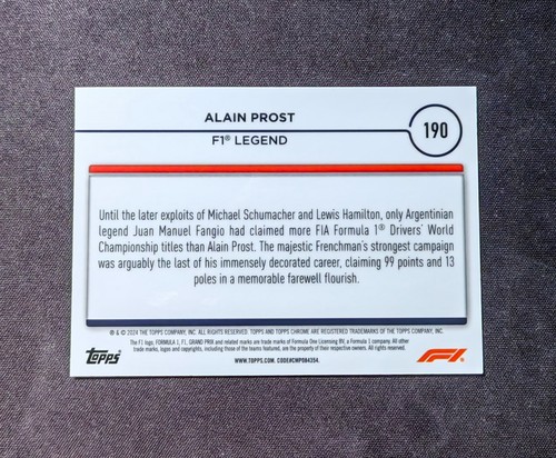 2024 Topps Chrome Formula 1 F1 Alain Prost #190 Gold Refractor /50 - Picture 6 of 6