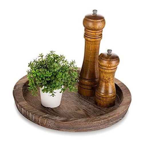 Rustic Wooden Serving Tray: Round Wood Butler Decorative Tray Vintage - Picture 1 of 7
