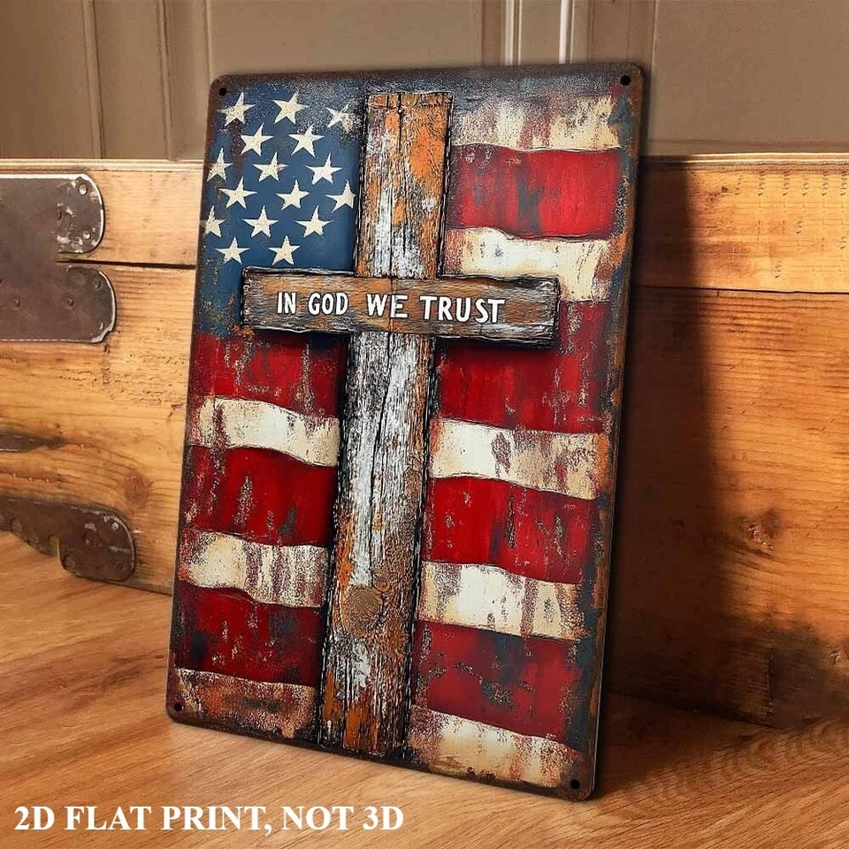 TIN SIGN American Flag with Cross Patriotic Sign Rustic Distressed Metal Decor - Image 2 of 4