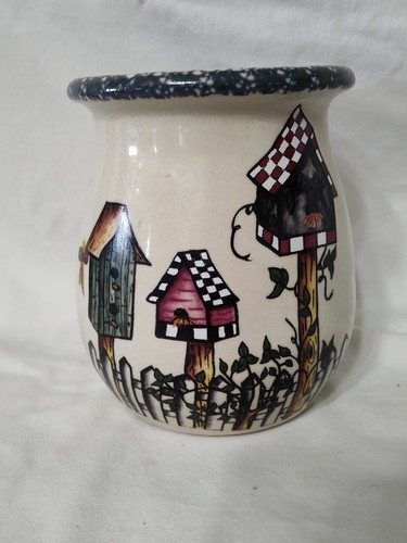 Home & Garden Party Stoneware Utensil Crock Jar Birdhouses Aug 2000 USA Made