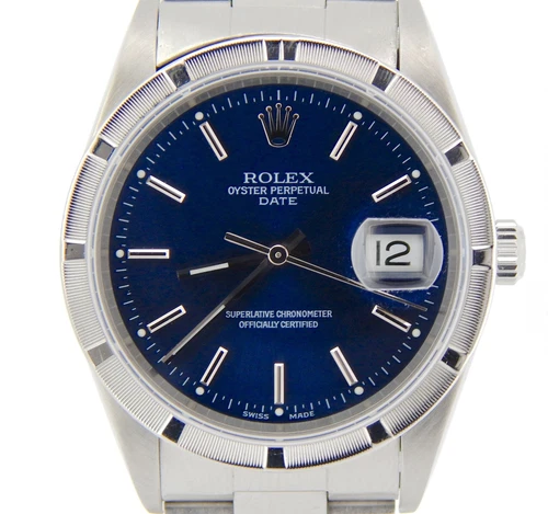 Mens Rolex Date Stainless Steel Watch Quickset Oyster Bracelet Blue Dial 15210