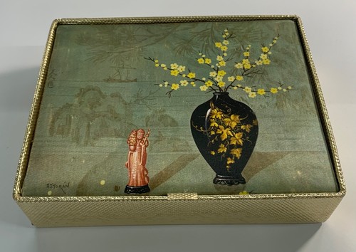 CHINESE JEWELRY TRINKET BOX VINTAGE VASE FLOWERS "ATTORAN"? 9.5"X7.25"