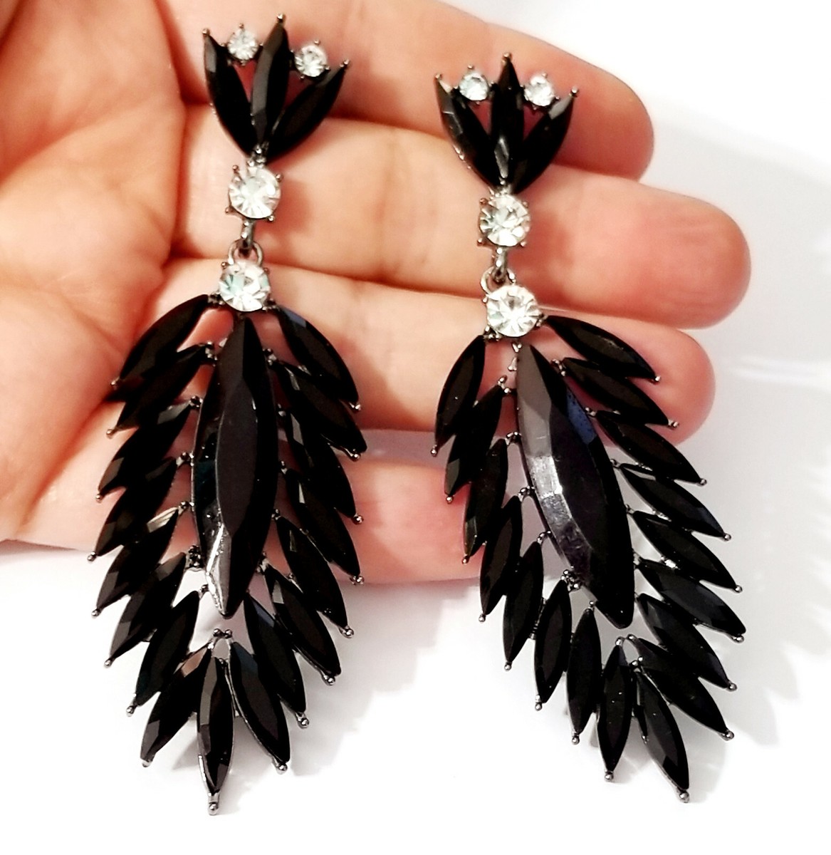 Black Rhinestone Drop Earrings Bridesmaid Prom Pageant Jewelry 3.6 inch