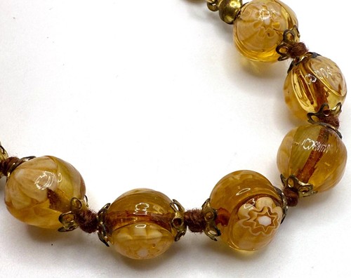 Vintage Gold Honig Glas Venezianische Weiße Blume Millefiori Perlen Perlen Armband - Bild 5 von 10