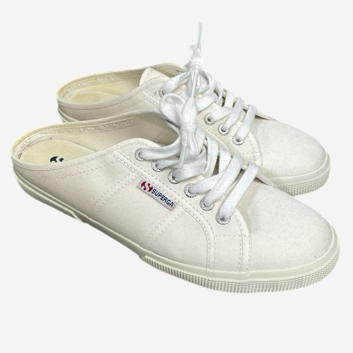 Superga Revolve slip on sneakers mules in white canvas lace up preppy size 10