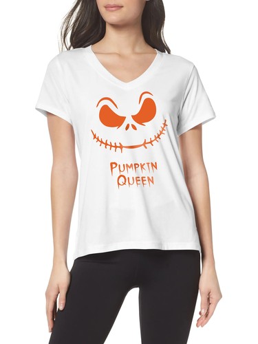Womens V Neck Short Sleeve Jack-O-Lantern Smile Orange Pumpkin Queen T Shirt - Picture 14 of 16