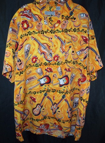 Disguys Hawaiian Lap Steel Guitar Bongo Yellow Button Up Shirt Men's 2XL - Picture 1 of 6