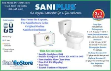 NEW SANIFLO SANIPLUS ELONGATED UPFLUSH TOILET KIT W/ EXTENSION PIPE & ALARM