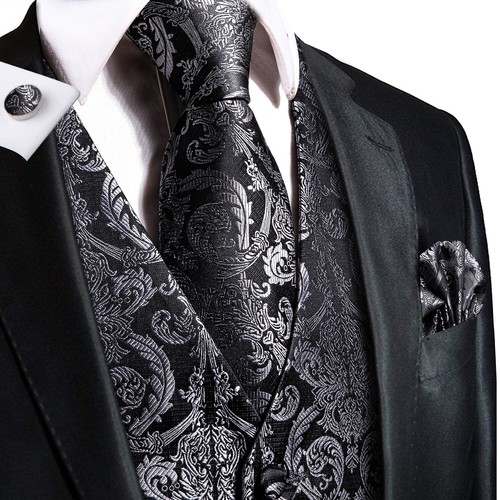 Mens Black Dress Vest Casual Tuxedo Suit Silk Waistcoat Neck Tie Set Wedding SET - Picture 13 of 109
