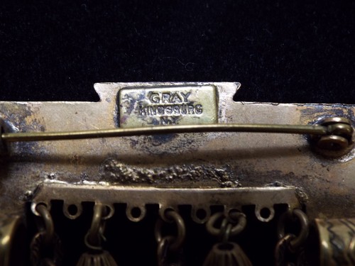 VTG Gray Kingsburg NY Dangle Gold Tone Pin Brooch SIGNED Light Blue Stones 1930s - Afbeelding 9 van 14