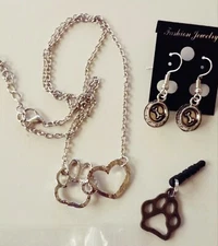 3-SET! PAW Necklace, Dog Bowl/Bone Dangle Earrings, Cell Phone Charm