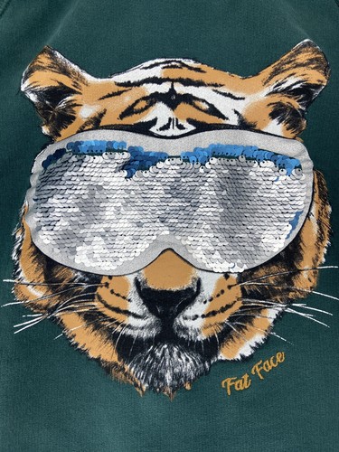 Fat Face Boys size 10-11 Green 2 Way Sequin Tucker Tiger Hoody - Picture 2 of 15