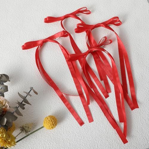 4PCS Ribbon Bowknot Hair Clips Red Tassel Satin Hair Accessories Women Girls - Picture 6 of 8
