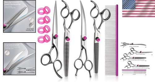 Curved Straight Thinning Chunker Dog Grooming Kit - 8" Polish Stainless Steel - Foto 2 di 10