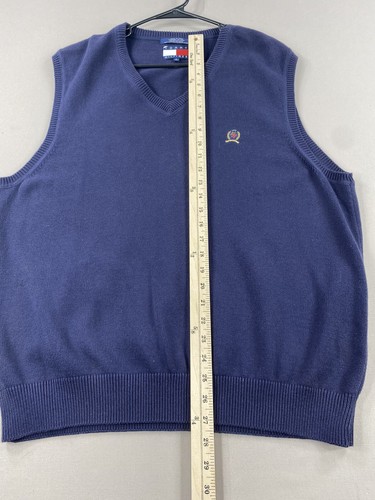 Chaleco vintage Tommy Hilfiger para hombre L grande azul blanco rojo mezcla algodón cuello en V - Imagen 10 de 13