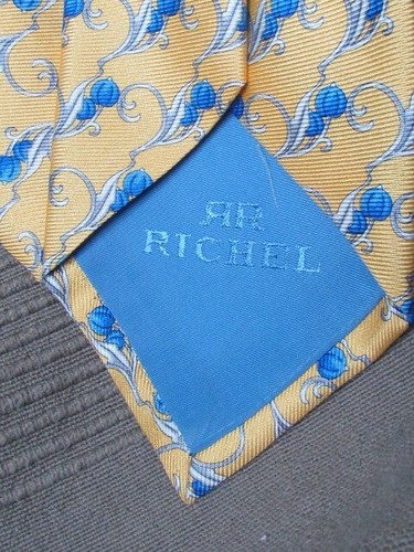 New Richel Silk Tie Spain Printed Yellow blue   Small Print  Abstract Unused - Picture 7 of 17