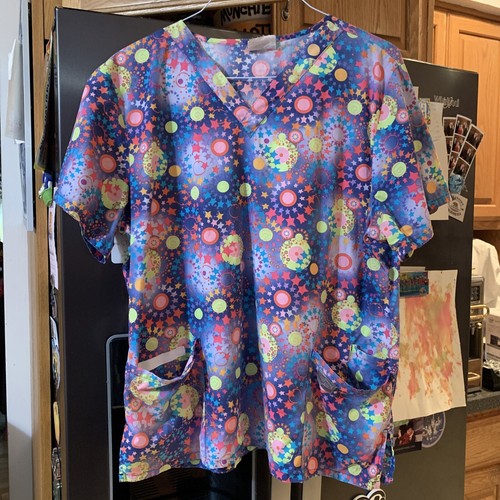 Celestial Multicolor Stars Circles Moons Scrub Zone Medical Scrub Top Pockets XL - Picture 2 of 11