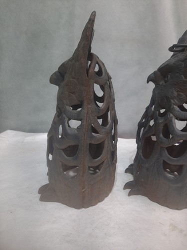 Rare PAIR SET Vintage Cast Iron Owl Candle Holder Garden Lantern Bird HALLOWEEN! - Picture 5 of 17