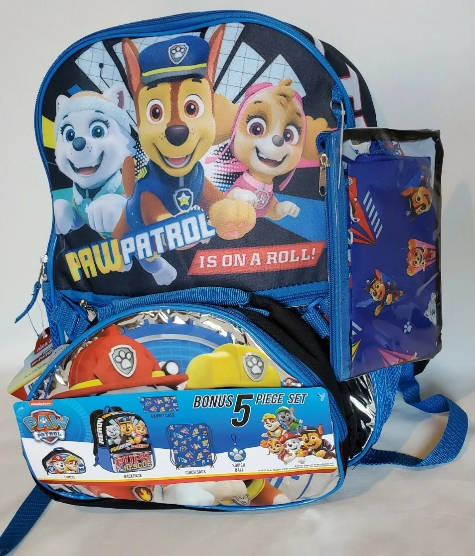 New Paw Patrol 5 Pc Backpack Set Lunch Bag, Cinch Sack, Squish Ball, Gadget  Case