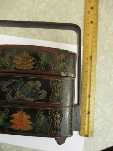 Asian box bento purse as is rustic old tile ceramic top laqure blue black art wo - Picture 6 of 12