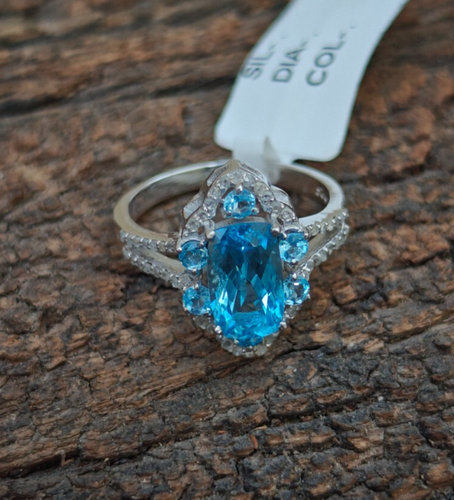 Natural London Blue Topaz Gemstone & Pave Diamond Statement 925 Silver Ring - Picture 3 of 7