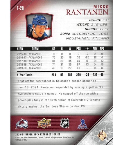 2020-21 Upper Deck '05-06 Upper Deck Tribute #T20 Mikko Rantanen - Picture 3 of 3