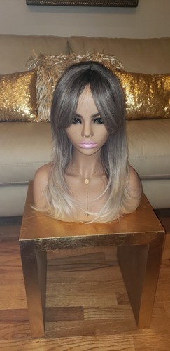 Balayage Wig - Human Hair Blend Platinum Blonde Silver Black Rainbow Multicolor - Picture 3 of 9