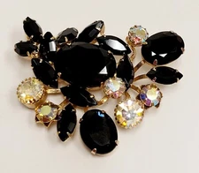 Vintage Large Clear AB Black Faceted Rhinestone Flower Brooch Schreiner Style