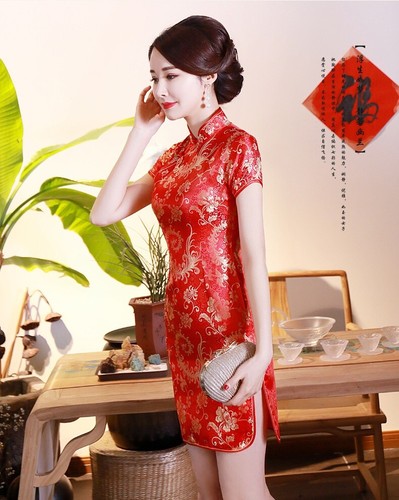 Women Summer Qipao Dress Chinese Sexy Short Silk Satin Cheongsam Evening Gown - Picture 8 of 15
