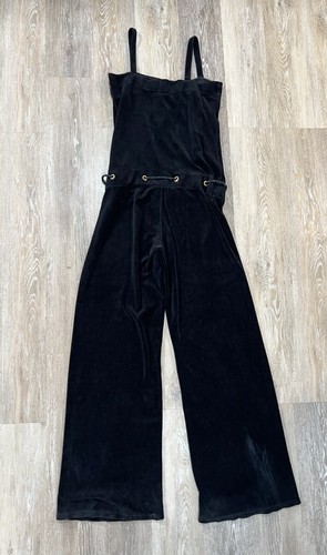 Juicy Couture Sz M Black Velour Velvet Drawstring Wide Leg Jumpsuit Pant Romper - Picture 9 of 17
