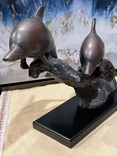 Vintage Solid Brass Pair of Dolphins on Wave Large Statue China/see Details