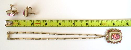 Coro Vintage signiertes Set Smaragdschliff rosa Strass Perlen Halskette & Ohrringe - Bild 10 von 11
