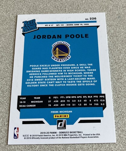 2019-20 Panini Donruss RC Green Yellow Laser #226 Jordan Poole Warriors - Picture 2 of 2