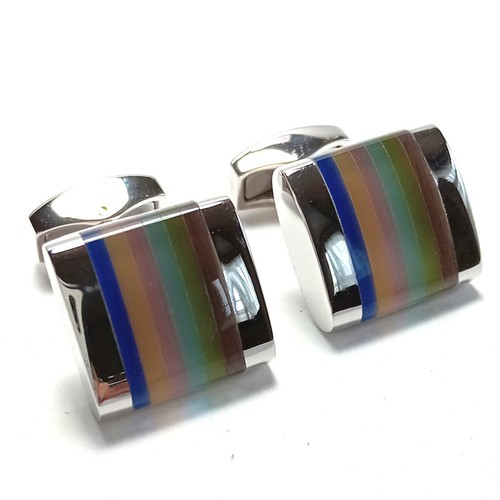 TATEOSSIAN Cufflinks Silver x Multicolor Blue Green Yellow Stripe Resin D Shape - Picture 4 of 5