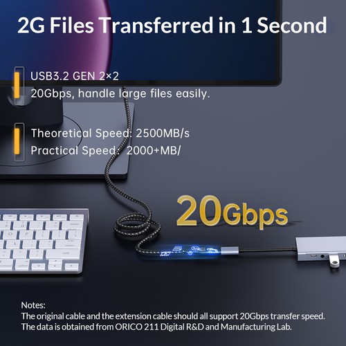 ORICO USB C Extension Extender Cable Cord 20Gbps PD100W HD Male to Female Black - Picture 4 of 12