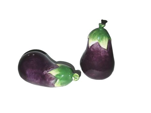 Set scuotitore sale e pepe melanzane in ceramica mai usato alto 3" - Foto 2 di 5