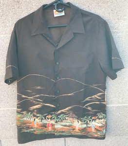 Kennington-Men-039-s-Brown-Hawaiian-Tiki-Hut-Aloha-Women-Vintage-Vaction-Shirt-Large