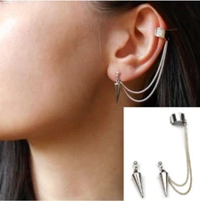 Punk Rock Rivets Chain Tassel Dangle Ear Stud Cuff Wrap Earrings Eardrop 
