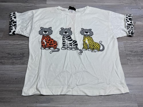 Vintage Cute Cats T-Shirt The Zoo Crew Animal Print Cuffed Sleeves Single Stitch - Picture 1 of 11