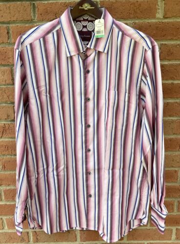 $115 TOMMY BAHAMA MENS 'SHADOW STRIPE' HAWAIIAN MORO RED L/S CAMP SHIRT L LARGE
