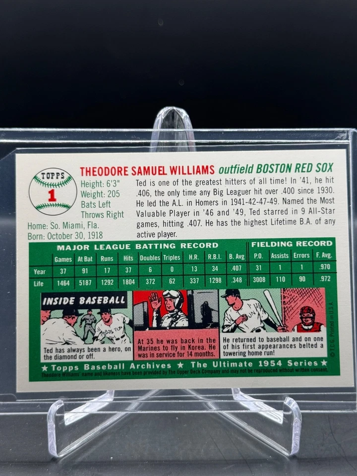 UD ALL TIME HEROES 1994!  ¡TED WILLIAMS!  ¡Archivos Topps 1954!  RED SOX!  #1 Foto 2 de 2