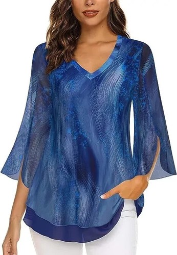 Timeson Women's 3/4 Sleeve Floral Blouses Shirts Double Layers V Neck Dressy L - Picture 6 of 6