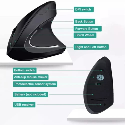2.4GHz Wireless USB Mouse Vertical 1600DPI Optical Mouse Rechargeable - Picture 4 of 5
