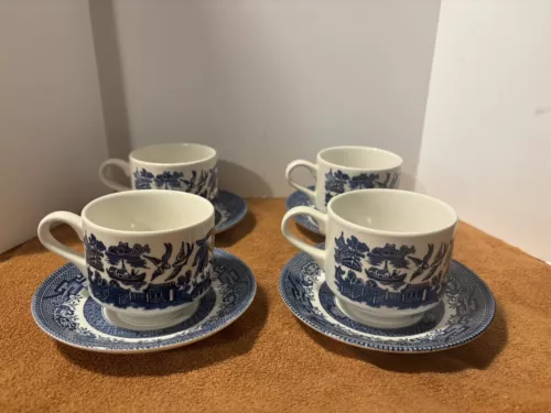 Churchill Blue Willow Coffee Tea Cups and Saucers Made in England VINTAGE 1950’s
