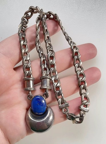 Vintage Sterlingsilber Lapislazuli kubanische Gliederkette schwere Halskette 16,5" 63 g
