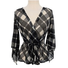 Y2K Black Plaid Sheer Mesh Top S Asymmetric Bell Sleeve Whimsigoth Fairy Grunge