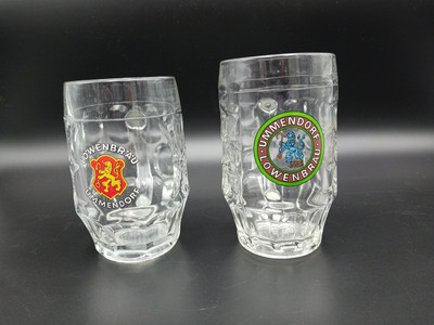 Löwenbräu Ummendorf beer steins glasses with handle, calibration line 0.5 L, 2 x bundle 