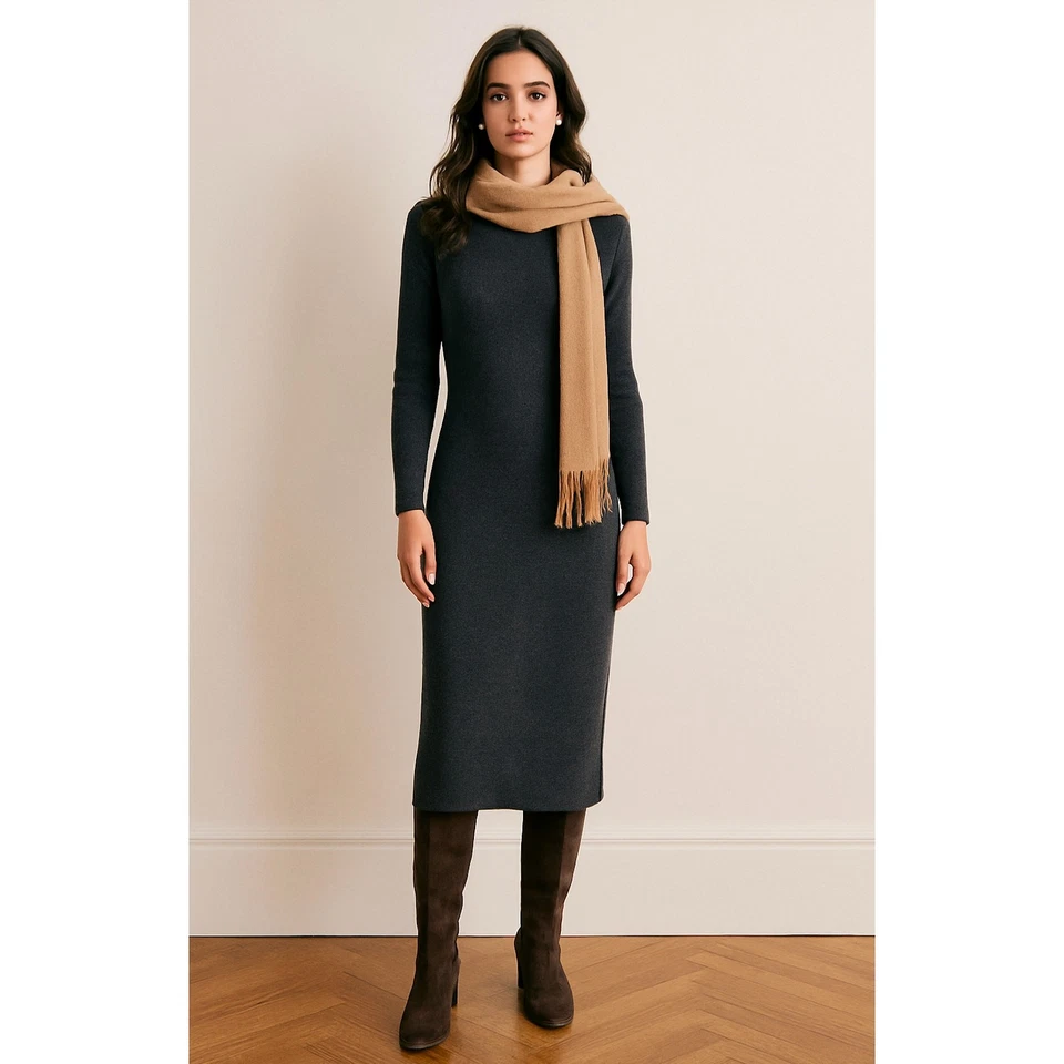 Vestido Suéter Jenni Kayne XS Manga Larga Acanalado 100% Lana Midi Gris Carbón Foto 2 de 4