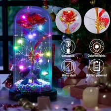 Red Rose In Glass Crystal Flower Dome LED Light Up Rose Lamp Best Christmas Gift