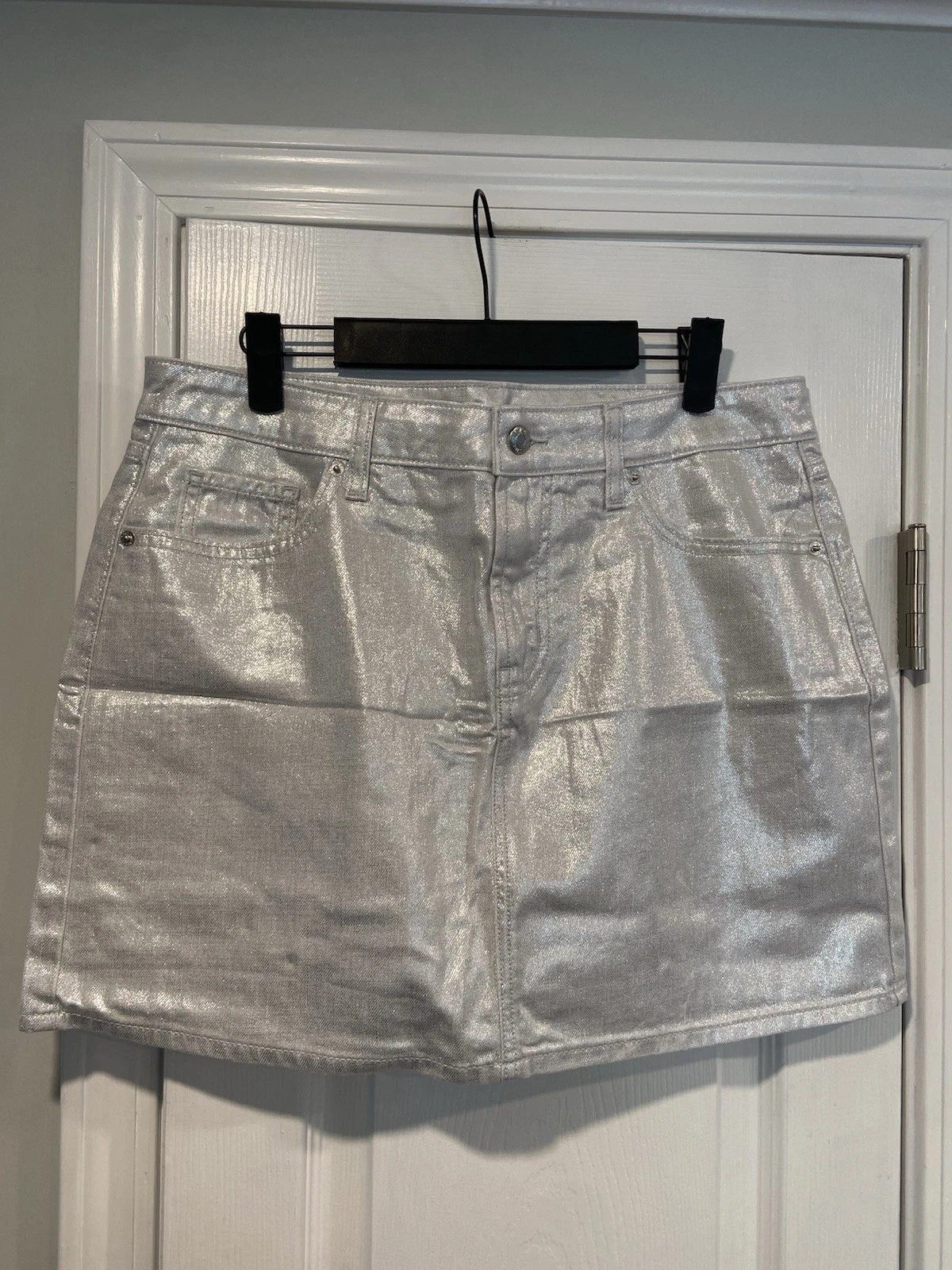 NWT Old Navy Size 12 Silver Shine Metallic Zip Stretch Denim A Line Mini Skirt